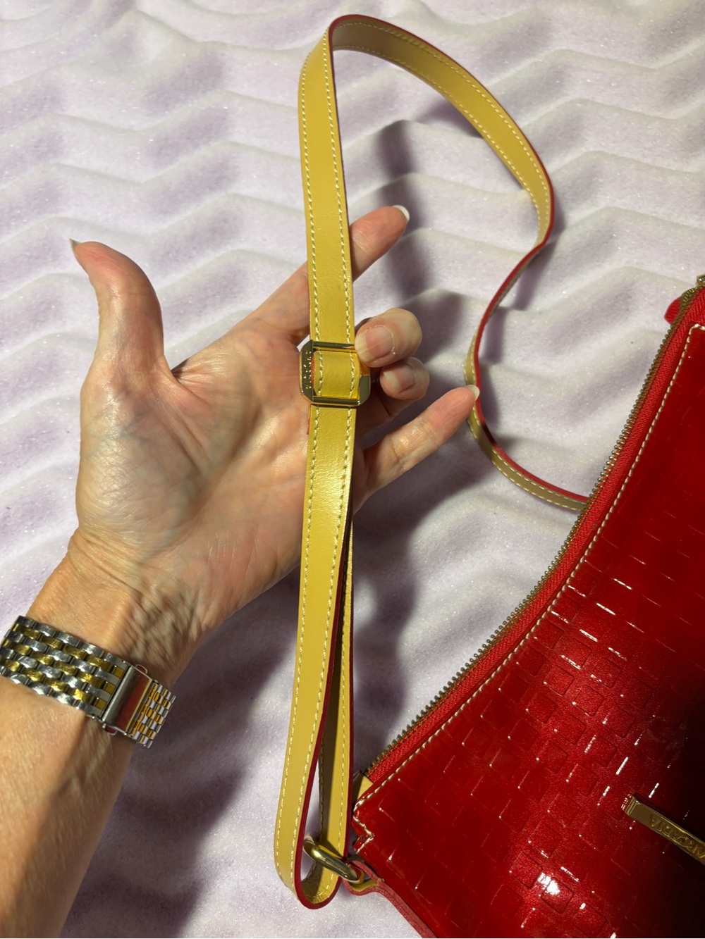 Italian Arcadia Red Patent Crossbody Bag with Contrast Strap - Picture 10 of 15